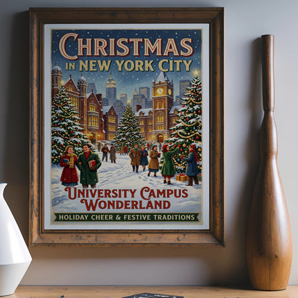 Vintage New York City holiday poster featuring "University Campus Wonderland."