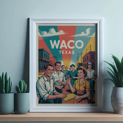 Retro poster for Waco, Texas featuring people and buildings.