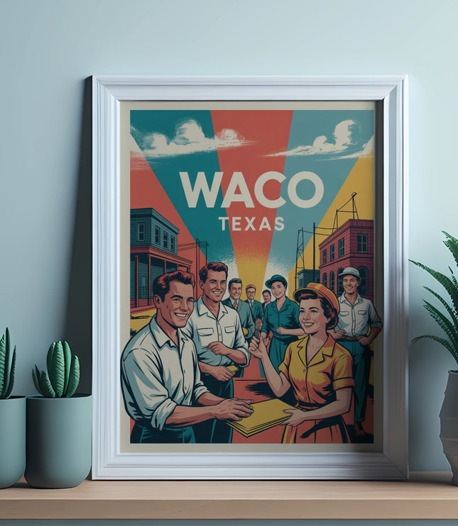 Retro poster for Waco, Texas featuring people and buildings.