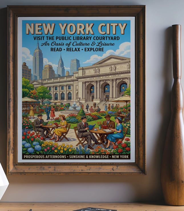 New York City Public Library Courtyard poster with people reading outdoors.