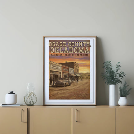 Osage County, Oklahoma poster artwork of Pawhuska main street with vintage truck.