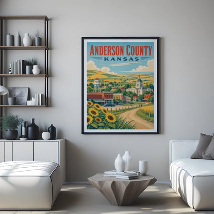 Poster of Anderson County, Kansas with sunflowers and a small town scene.