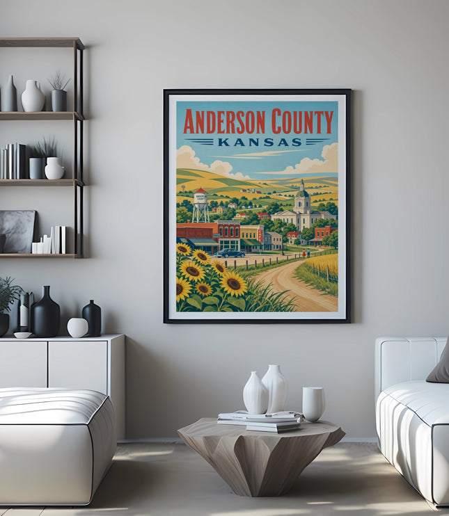 Poster of Anderson County, Kansas with sunflowers and a small town scene.