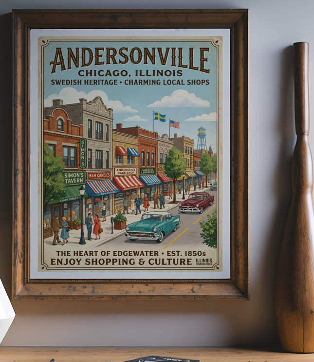 Andersonville, Chicago poster with Swedish heritage, shops, cars, and text.