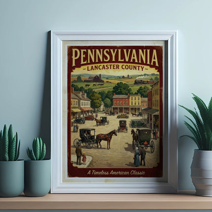 Framed vintage print of Lancaster County, Pennsylvania with horse-drawn carriages and buildings.