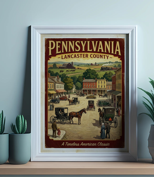 Framed vintage print of Lancaster County, Pennsylvania with horse-drawn carriages and buildings.
