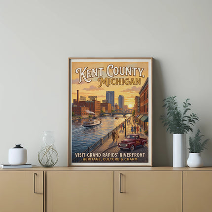 Vintage poster of Kent County, Michigan riverfront with boat, people, truck, and buildings.