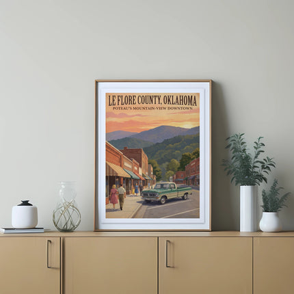 Le Flore County, Oklahoma Poteau's Mountain-View Downtown poster with vintage street scene.