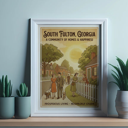 Vintage illustration of South Fulton, Georgia with people and houses.