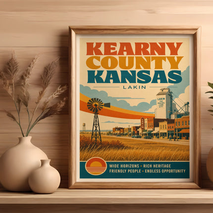 Vintage travel poster for Kearny County, Kansas, featuring Lakin.