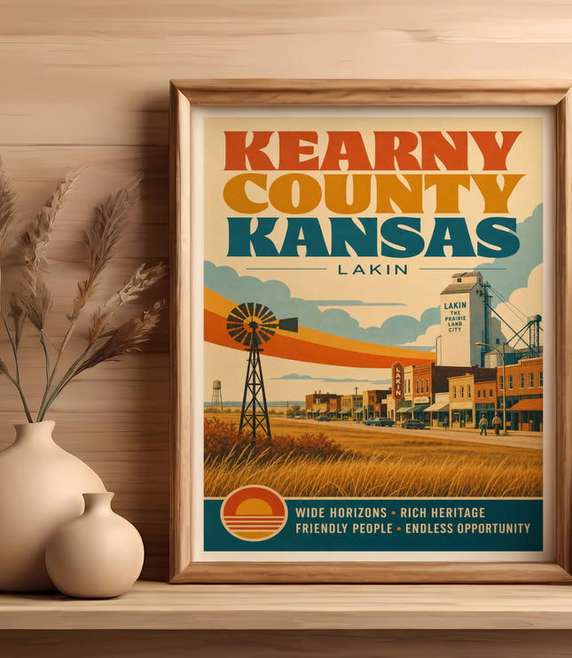Vintage travel poster for Kearny County, Kansas, featuring Lakin.