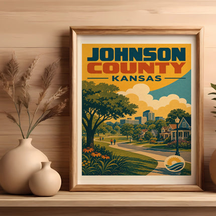 Framed poster: Johnson County, Kansas, with neighborhood scene.