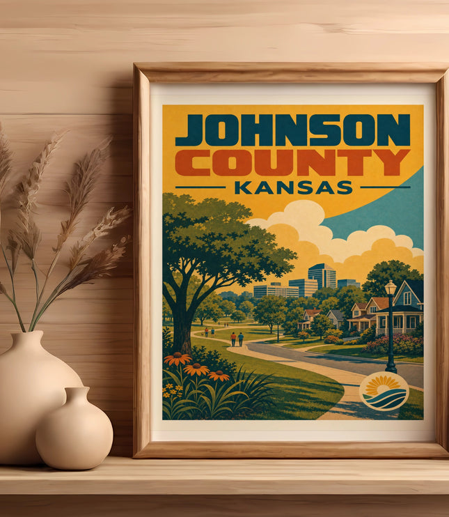 Framed poster: Johnson County, Kansas, with neighborhood scene.