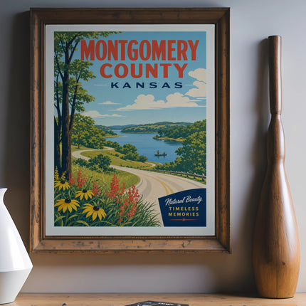 Vintage travel poster for Montgomery County, Kansas, featuring a scenic lake and road.