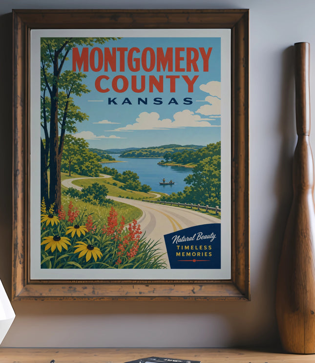 Vintage travel poster for Montgomery County, Kansas, featuring a scenic lake and road.