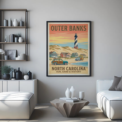 Outer Banks North Carolina travel poster featuring a lighthouse, beach homes, and cars.