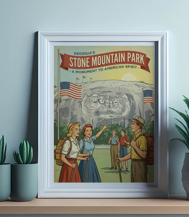 Georgia's Stone Mountain Park poster featuring carved presidential heads and tourists.