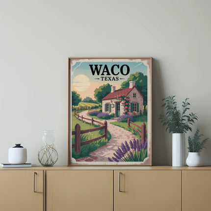 Vintage-style poster of a cottage and lavender field with "Waco Texas" text.