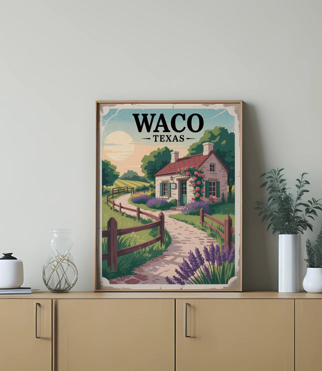 Vintage-style poster of a cottage and lavender field with "Waco Texas" text.