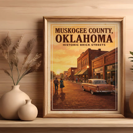 Vintage poster of Muskogee County, Oklahoma, with historic brick streets.