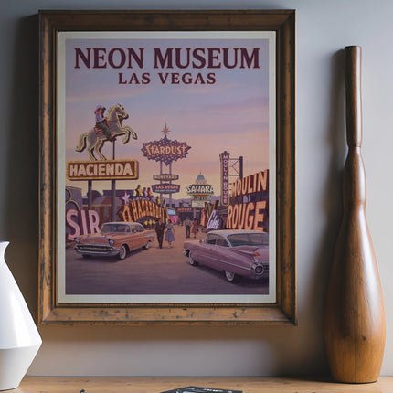 Neon Museum Las Vegas art featuring vintage cars and signs like Hacienda and Stardust.
