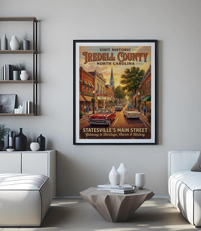 Poster of Statesville's Main Street, Iredell County, North Carolina, with vintage cars.