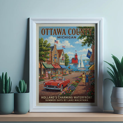 Ottawa County Michigan vintage travel poster with waterfront scene and red convertible.