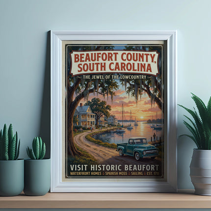 Poster: Beaufort County, South Carolina vintage travel scene with retro truck and sailboats.