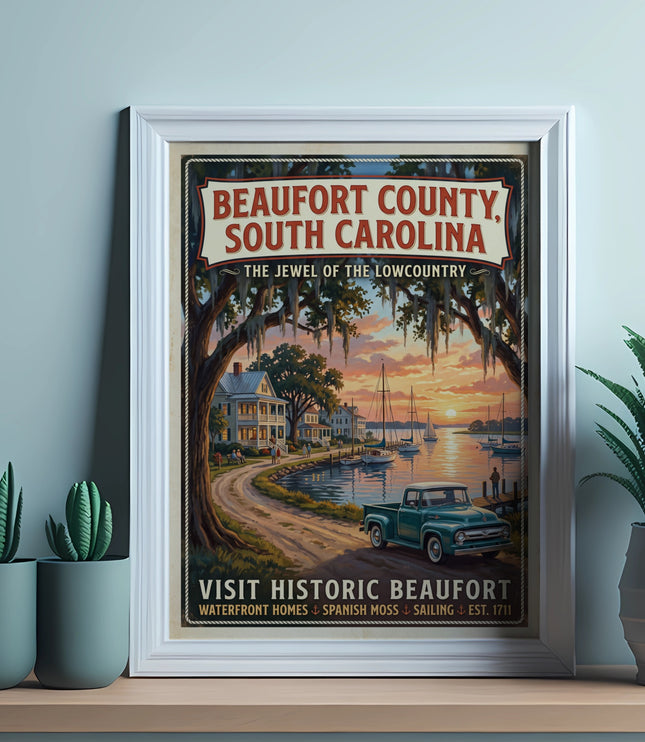 Poster: Beaufort County, South Carolina vintage travel scene with retro truck and sailboats.