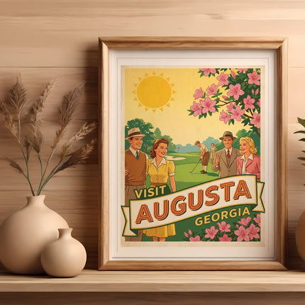Vintage "Visit Augusta Georgia" poster with people and flowers.