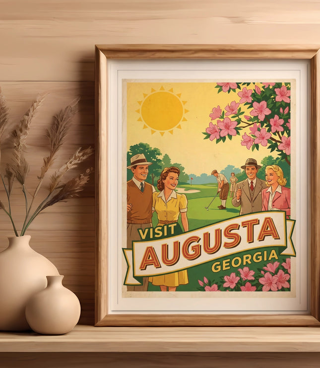 Vintage "Visit Augusta Georgia" poster with people and flowers.