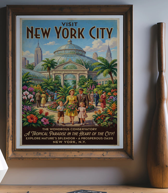 Vintage New York City conservatory travel poster with family and skyscrapers.