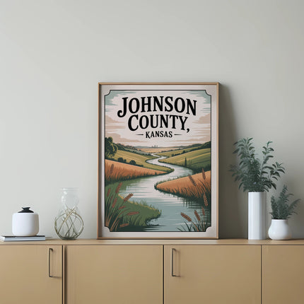 Framed landscape print of Johnson County, Kansas with winding river and fields.