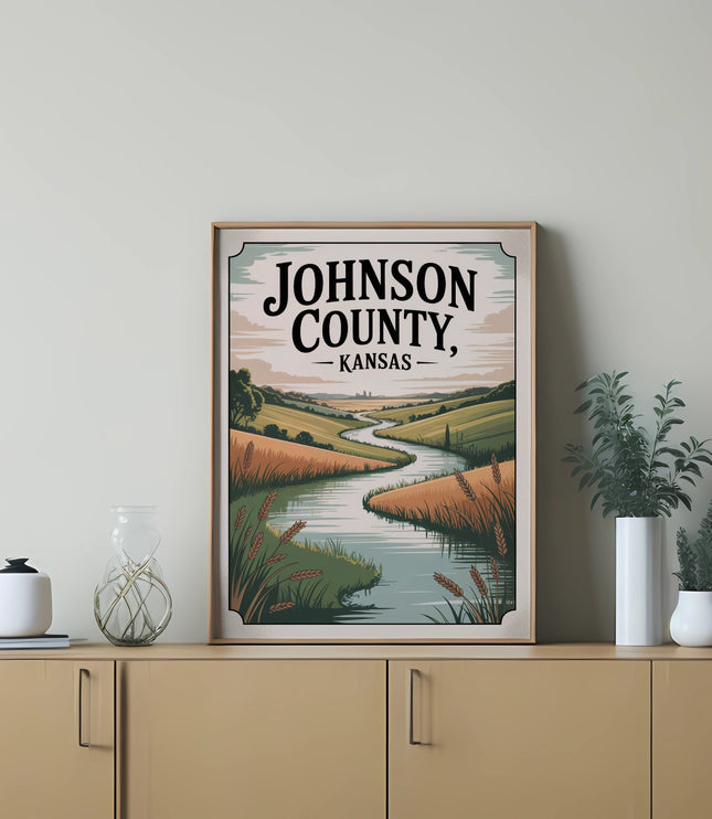 Framed landscape print of Johnson County, Kansas with winding river and fields.