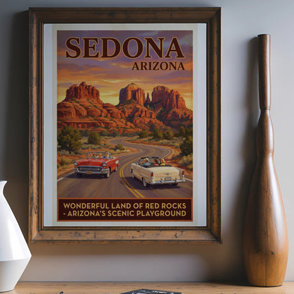 Sedona, Arizona vintage travel poster with vintage cars and red rocks.