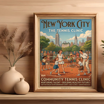 New York City tennis clinic poster with families on courts, offering summer programs.