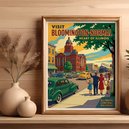 Vintage travel poster for Bloomington-Normal, Illinois, featuring historic buildings and a train.