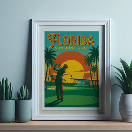 Florida Sunshine Golf vintage poster with golfer at sunset.