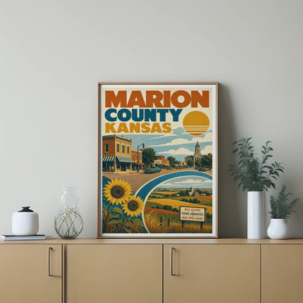 Marion County Kansas vintage travel poster with sunflowers and landscape.