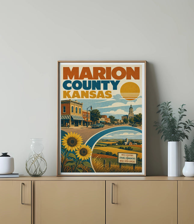 Marion County Kansas vintage travel poster with sunflowers and landscape.