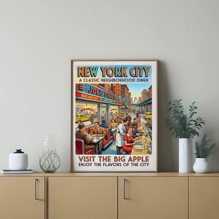 New York City diner poster with "Joe's Diner" and "Visit the Big Apple" text.