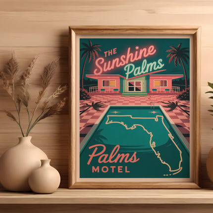 Retro motel sign for Sunshine Palms Motel with swimming pool and palm trees.