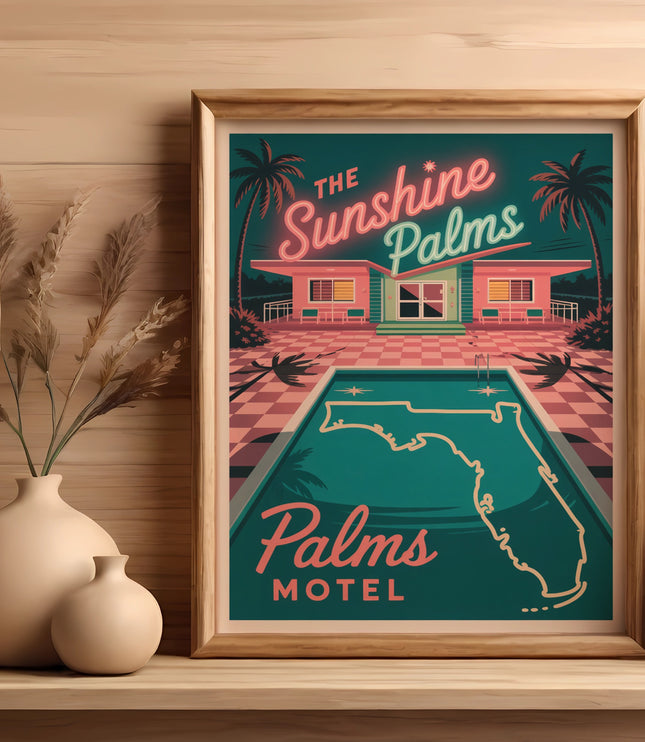 Retro motel sign for Sunshine Palms Motel with swimming pool and palm trees.