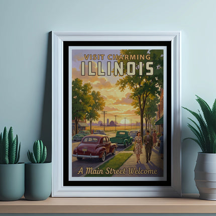 Vintage Illinois travel poster with cars, people, and trees.