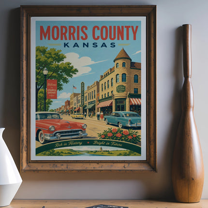 Morris County, Kansas vintage travel poster with Council Grove buildings and cars.