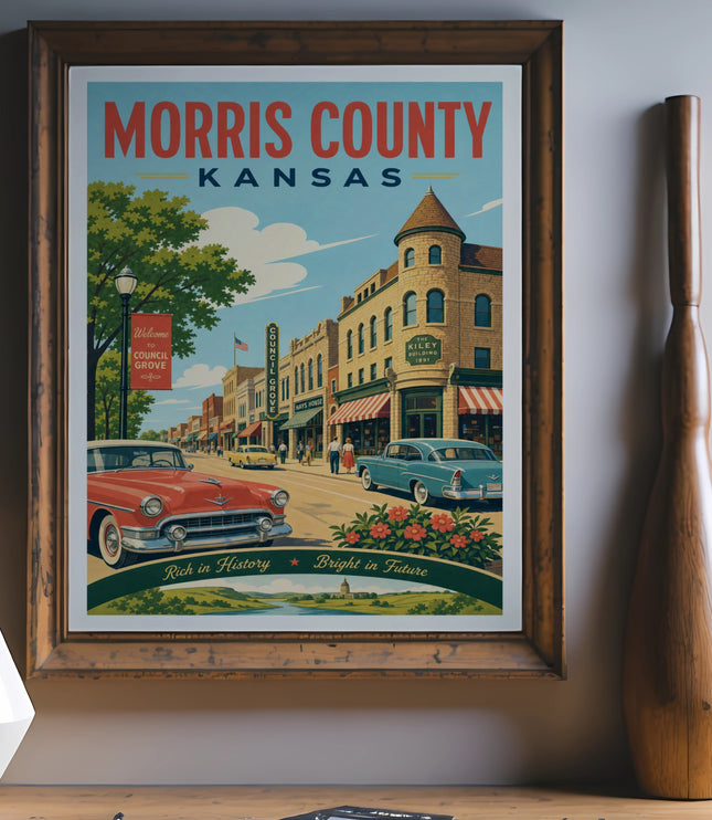 Morris County, Kansas vintage travel poster with Council Grove buildings and cars.