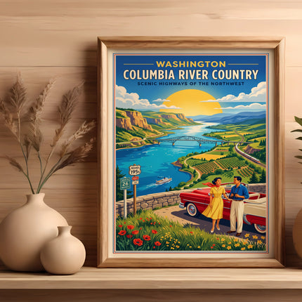Vintage poster featuring Washington's Columbia River Country with scenic highways and a couple.