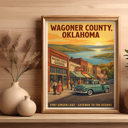 Vintage poster showing Wagoner County, Oklahoma with Fort Gibson Lake and the Ozarks.