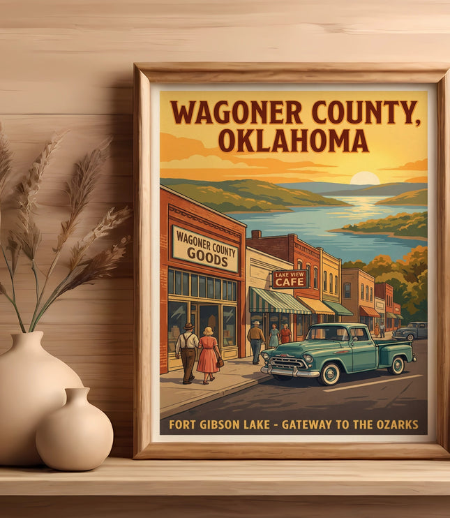 Vintage poster showing Wagoner County, Oklahoma with Fort Gibson Lake and the Ozarks.