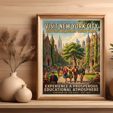 Vintage poster: Visit New York City, Historic Academic Courtyards, Harvard of the East.